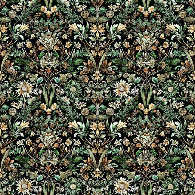 Image of Cedar & Sage Woodland Floral Forest quilting cotton fabric by Morris Creative Group for QT Fabrics. Features flowers on a green background. Cute Little Fabric Shop.
