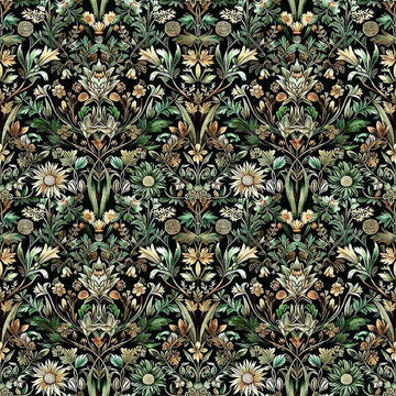 Image of Cedar & Sage Woodland Floral Forest quilting cotton fabric by Morris Creative Group for QT Fabrics. Features flowers on a green background. Cute Little Fabric Shop.