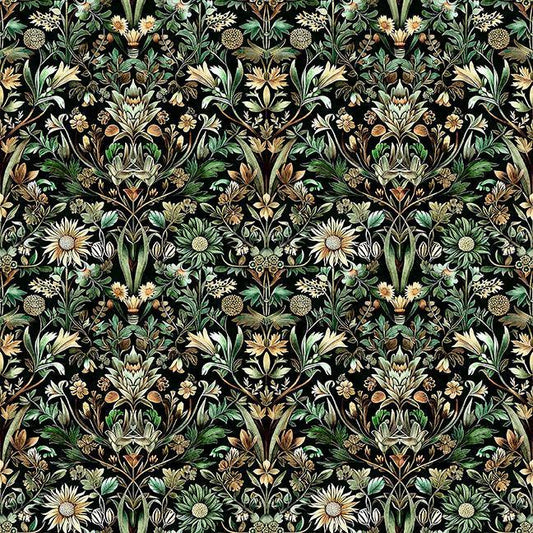 Image of Cedar & Sage Woodland Floral Forest quilting cotton fabric by Morris Creative Group for QT Fabrics. Features flowers on a green background. Cute Little Fabric Shop.