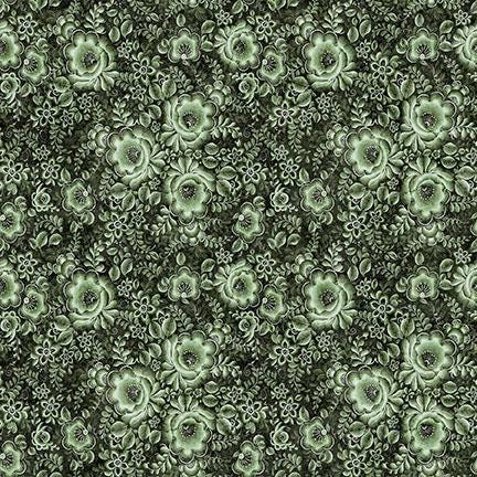 Image of Cedar & Sage Packed Floral Forest quilting cotton fabric by Morris Creative Group for QT Fabrics. Features flowers on a green background. Cute Little Fabric Shop.