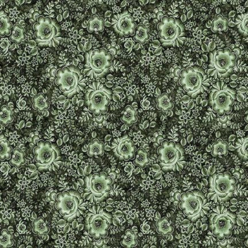 Image of Cedar & Sage Packed Floral Forest quilting cotton fabric by Morris Creative Group for QT Fabrics. Features flowers on a green background. Cute Little Fabric Shop.
