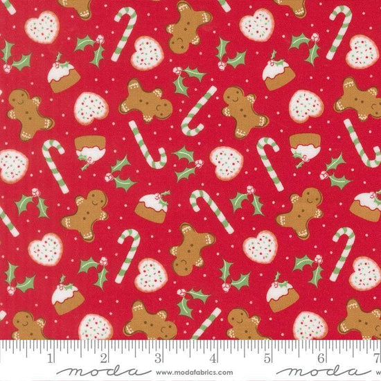 Image of Merrily on High Sweet Treats Christmas Red quilting cotton fabric by Sweetfire Road for Moda Fabrics. Features christmas sugar treats on a red background. Cute Little Fabric Shop.