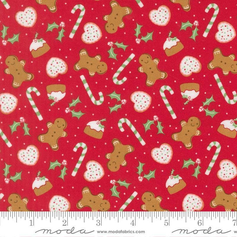 Image of Merrily on High Sweet Treats Christmas Red quilting cotton fabric by Sweetfire Road for Moda Fabrics. Features christmas sugar treats on a red background. Cute Little Fabric Shop.