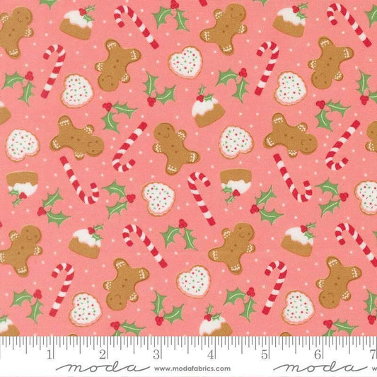 Image of Merrily on High Sweet Treats Blush quilting cotton fabric by Sweetfire Road for Moda Fabrics. Features christmas sugar treats on a pink background. Cute Little Fabric Shop.