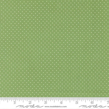 Image of Merrily on High Festive Dot Evergreen quilting cotton fabric by Sweetfire Road for Moda Fabrics. Features polka dots on a green background. Cute Little Fabric Shop.