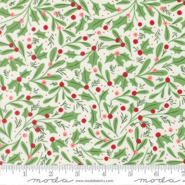 Image of Merrily on High Winter Berries Snow quilting cotton fabric by Sweetfire Road for Moda Fabrics. Features holly berries on a white background. Cute Little Fabric Shop.