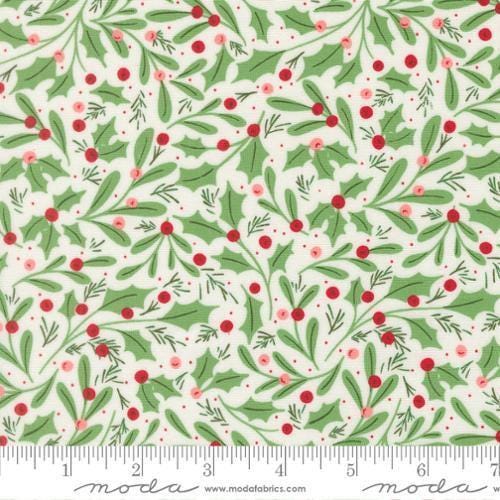 Image of Merrily on High Winter Berries Snow quilting cotton fabric by Sweetfire Road for Moda Fabrics. Features holly berries on a white background. Cute Little Fabric Shop.
