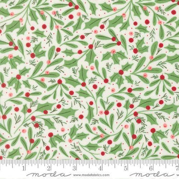 Image of Merrily on High Winter Berries Snow quilting cotton fabric by Sweetfire Road for Moda Fabrics. Features holly berries on a white background. Cute Little Fabric Shop.