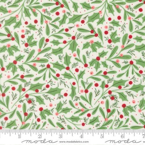 Image of Merrily on High Winter Berries Snow quilting cotton fabric by Sweetfire Road for Moda Fabrics. Features holly berries on a white background. Cute Little Fabric Shop.