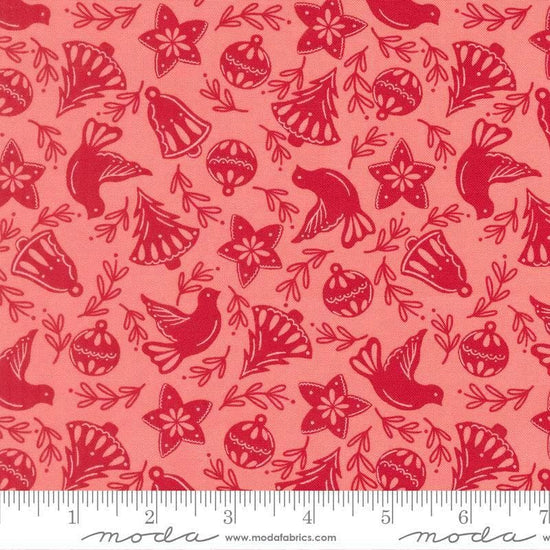 Image of Merrily on High Cookie Cutters Blush quilting cotton fabric by Sweetfire Road for Moda Fabrics. Features classic christmas cookie shapes on a pink background. Cute Little Fabric Shop.