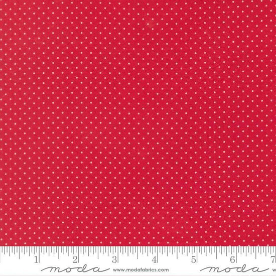 Image of Merrily on High Festive Dot Christmas Red quilting cotton fabric by Sweetfire Road for Moda Fabrics. Features polka dots on a red background. Cute Little Fabric Shop.