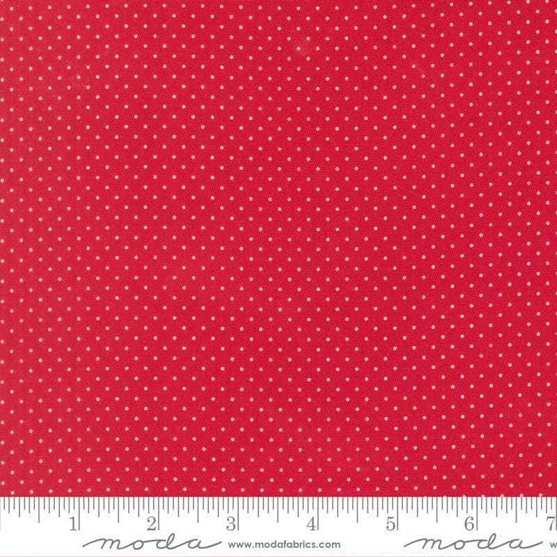 Image of Merrily on High Festive Dot Christmas Red quilting cotton fabric by Sweetfire Road for Moda Fabrics. Features polka dots on a red background. Cute Little Fabric Shop.