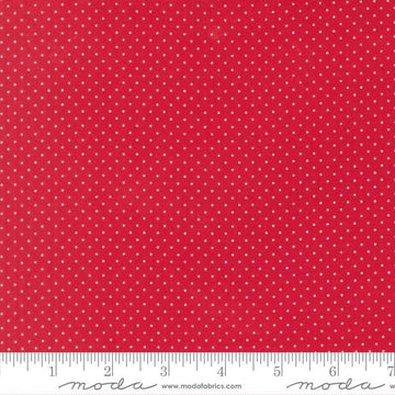 Image of Merrily on High Festive Dot Christmas Red quilting cotton fabric by Sweetfire Road for Moda Fabrics. Features polka dots on a red background. Cute Little Fabric Shop.