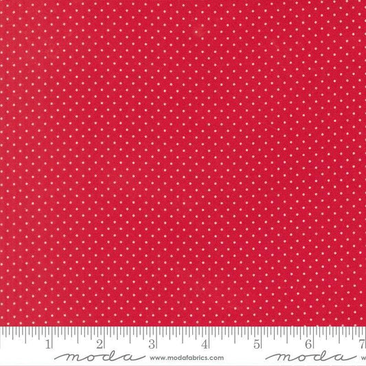 Image of Merrily on High Festive Dot Christmas Red quilting cotton fabric by Sweetfire Road for Moda Fabrics. Features polka dots on a red background. Cute Little Fabric Shop.