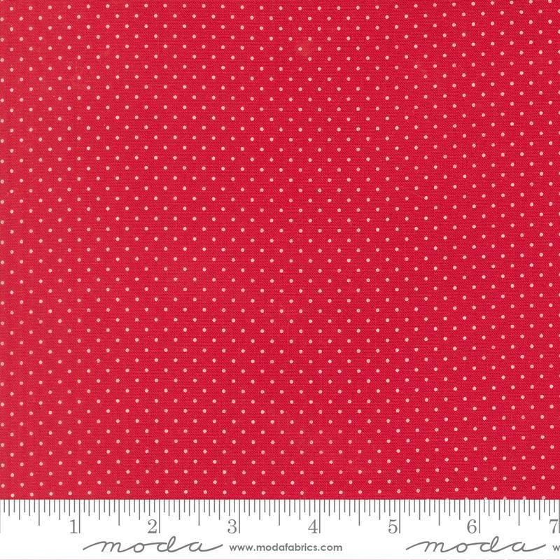 Image of Merrily on High Festive Dot Christmas Red quilting cotton fabric by Sweetfire Road for Moda Fabrics. Features polka dots on a red background. Cute Little Fabric Shop.