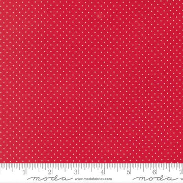 Image of Merrily on High Festive Dot Christmas Red quilting cotton fabric by Sweetfire Road for Moda Fabrics. Features polka dots on a red background. Cute Little Fabric Shop.
