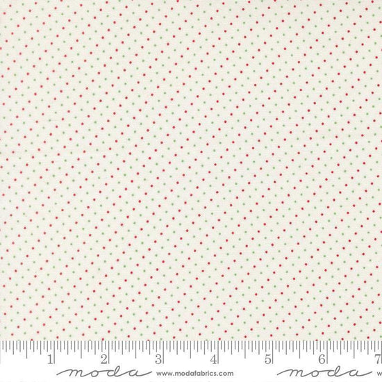 Image of Merrily on High Festive Dot Snow quilting cotton fabric by Sweetfire Road for Moda Fabrics. Features polka dots on a white background. Cute Little Fabric Shop.