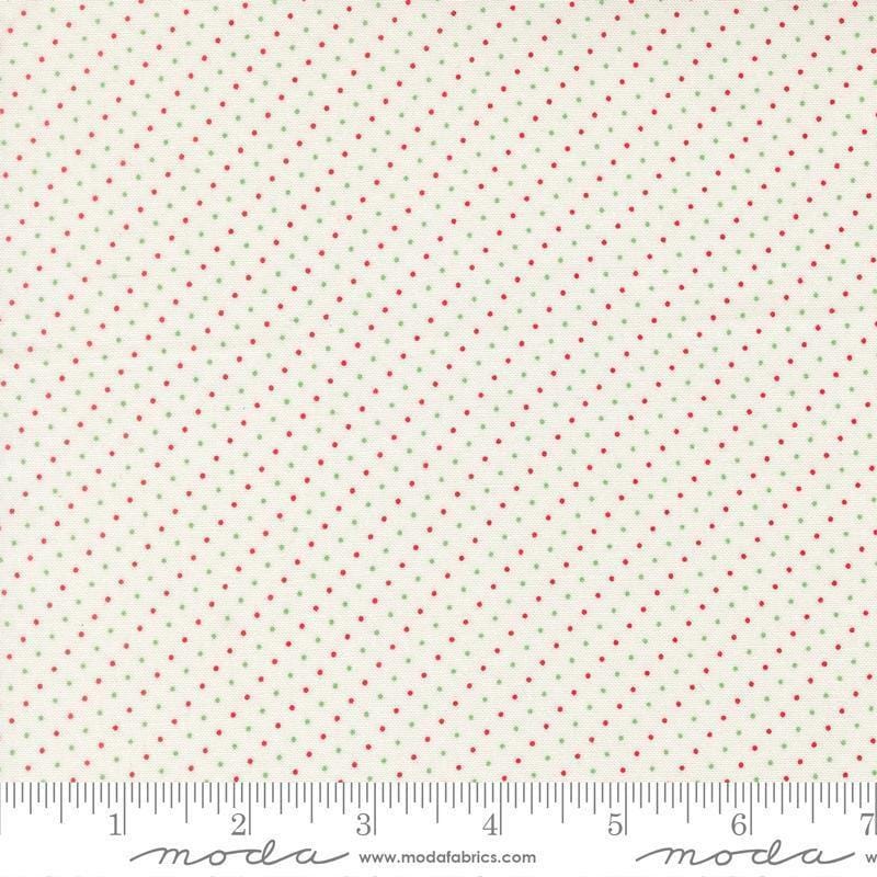 Image of Merrily on High Festive Dot Snow quilting cotton fabric by Sweetfire Road for Moda Fabrics. Features polka dots on a white background. Cute Little Fabric Shop.