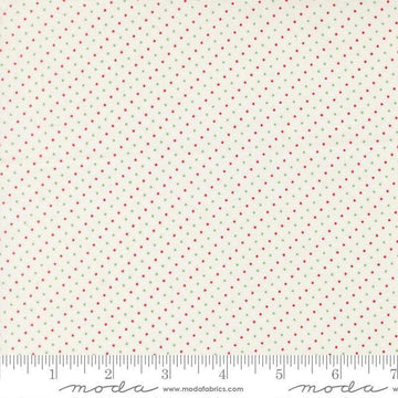 Image of Merrily on High Festive Dot Snow quilting cotton fabric by Sweetfire Road for Moda Fabrics. Features polka dots on a white background. Cute Little Fabric Shop.
