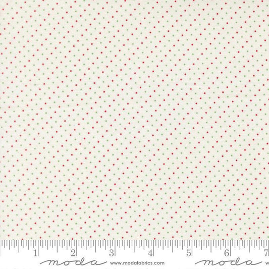 Image of Merrily on High Festive Dot Snow quilting cotton fabric by Sweetfire Road for Moda Fabrics. Features polka dots on a white background. Cute Little Fabric Shop.