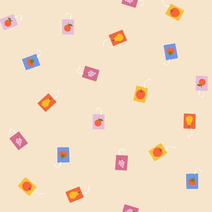 Image of Persimmon Joosie Joose Shell quilting cotton fabric by Rashida Coleman Hale of Ruby Star Society for Moda Fabrics. Features juice boxes on a cream background. Cute Little Fabric Shop.