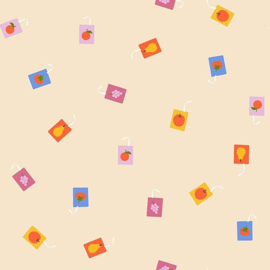 Image of Persimmon Joosie Joose Shell quilting cotton fabric by Rashida Coleman Hale of Ruby Star Society for Moda Fabrics. Features juice boxes on a cream background. Cute Little Fabric Shop.