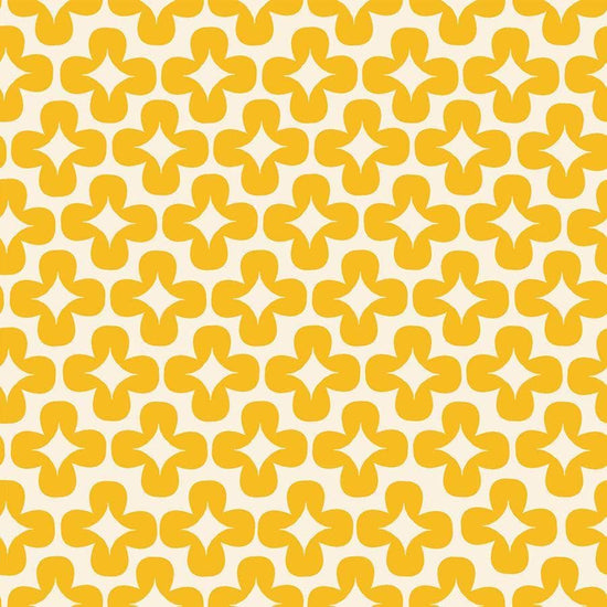 Image of Persimmon Leaf Dandelion quilting cotton fabric by Rashida Coleman Hale of Ruby Star Society for Moda Fabrics. Features a geometric pattern on a yellow background. Cute Little Fabric Shop.