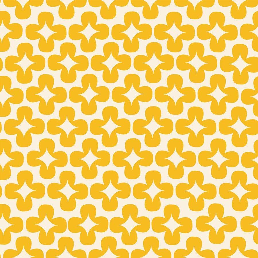 Image of Persimmon Leaf Dandelion quilting cotton fabric by Rashida Coleman Hale of Ruby Star Society for Moda Fabrics. Features a geometric pattern on a yellow background. Cute Little Fabric Shop.