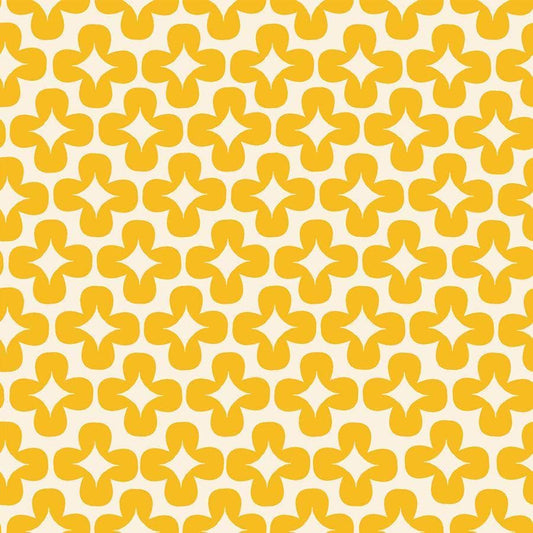 Image of Persimmon Leaf Dandelion quilting cotton fabric by Rashida Coleman Hale of Ruby Star Society for Moda Fabrics. Features a geometric pattern on a yellow background. Cute Little Fabric Shop.