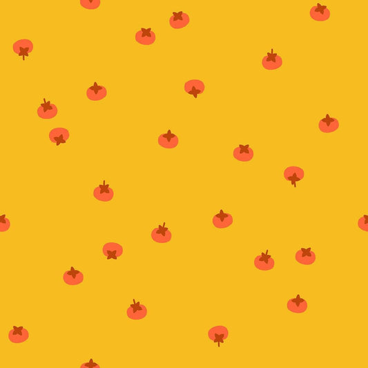 Image of Persimmon Persimmons Dandelion quilting cotton fabric by Rashida Coleman Hale of Ruby Star Society for Moda Fabrics. Features fruit on a yellow background. Cute Little Fabric Shop.