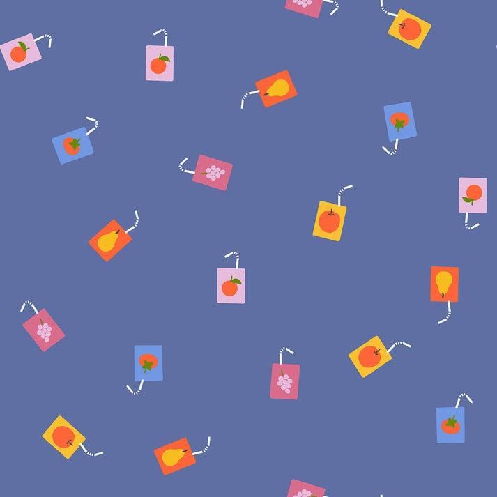 Image of Persimmon Joosie Joose Twilight quilting cotton fabric by Rashida Coleman Hale of Ruby Star Society for Moda Fabrics. Features juice boxes on a blue background. Cute Little Fabric Shop.