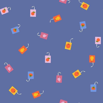 Image of Persimmon Joosie Joose Twilight quilting cotton fabric by Rashida Coleman Hale of Ruby Star Society for Moda Fabrics. Features juice boxes on a blue background. Cute Little Fabric Shop.