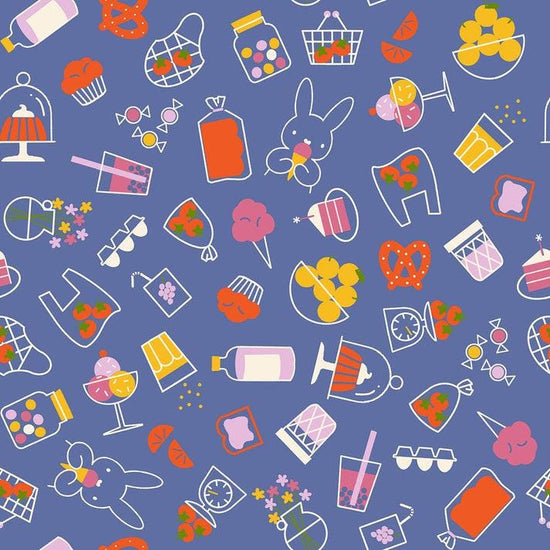 Image of Persimmon Bun Es Market Twilight quilting cotton fabric by Rashida Coleman Hale of Ruby Star Society for Moda Fabrics. Features food on a blue background. Cute Little Fabric Shop.