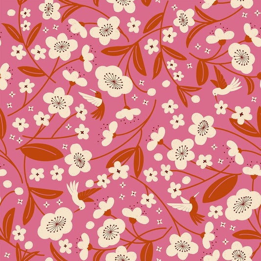 Image of Persimmon Blossoms Hibiscus quilting cotton fabric by Rashida Coleman Hale of Ruby Star Society for Moda Fabrics. Features flowers on a pink background. Cute Little Fabric Shop.