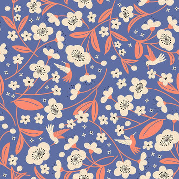 Image of Persimmon Blossoms Twilight quilting cotton fabric by Rashida Coleman Hale of Ruby Star Society for Moda Fabrics. Features flowers on a blue background. Cute Little Fabric Shop.
