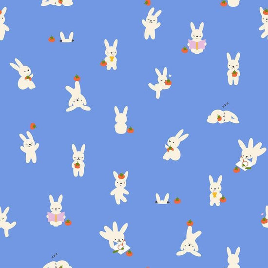 Image of Persimmon Bun E and Sammy Lindley Blue quilting cotton fabric by Rashida Coleman Hale of Ruby Star Society for Moda Fabrics. Features bunnies on a blue background. Cute Little Fabric Shop.