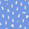 Image of Persimmon Bun E and Sammy Lindley Blue quilting cotton fabric by Rashida Coleman Hale of Ruby Star Society for Moda Fabrics. Features bunnies on a blue background. Cute Little Fabric Shop.