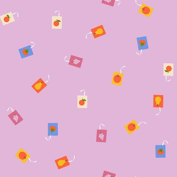 Image of Persimmon Joosie Joose Macaron quilting cotton fabric by Rashida Coleman Hale of Ruby Star Society for Moda Fabrics. Features juice boxes on a purple background. Cute Little Fabric Shop.