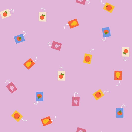Image of Persimmon Joosie Joose Macaron quilting cotton fabric by Rashida Coleman Hale of Ruby Star Society for Moda Fabrics. Features juice boxes on a purple background. Cute Little Fabric Shop.