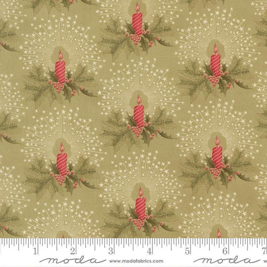 Image of Candlelight Christmas Candlelight Sage quilting cotton fabric by 3 Sisters for Moda Fabrics. Features candles and leaves on a green background. Cute Little Fabric Shop.