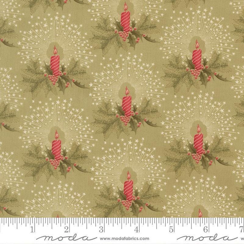 Image of Candlelight Christmas Candlelight Sage quilting cotton fabric by 3 Sisters for Moda Fabrics. Features candles and leaves on a green background. Cute Little Fabric Shop.