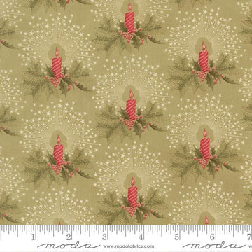 Image of Candlelight Christmas Candlelight Sage quilting cotton fabric by 3 Sisters for Moda Fabrics. Features candles and leaves on a green background. Cute Little Fabric Shop.