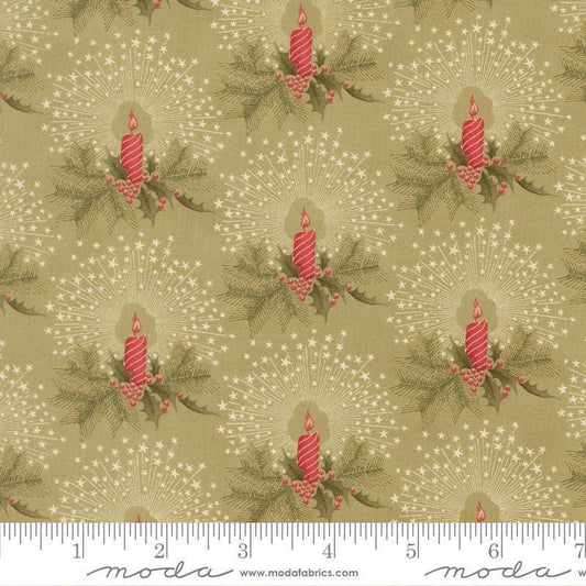 Image of Candlelight Christmas Candlelight Sage quilting cotton fabric by 3 Sisters for Moda Fabrics. Features candles and leaves on a green background. Cute Little Fabric Shop.
