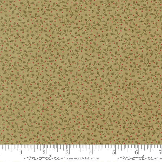 Image of Candlelight Christmas Festive Sage quilting cotton fabric by 3 Sisters for Moda Fabrics. Features leaves on a green background. Cute Little Fabric Shop.