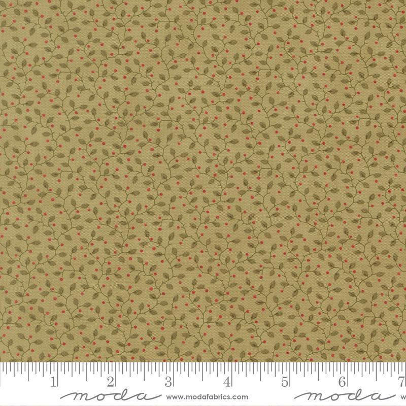 Image of Candlelight Christmas Festive Sage quilting cotton fabric by 3 Sisters for Moda Fabrics. Features leaves on a green background. Cute Little Fabric Shop.
