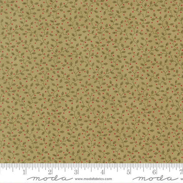 Image of Candlelight Christmas Festive Sage quilting cotton fabric by 3 Sisters for Moda Fabrics. Features leaves on a green background. Cute Little Fabric Shop.