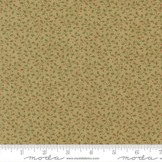 Image of Candlelight Christmas Festive Sage quilting cotton fabric by 3 Sisters for Moda Fabrics. Features leaves on a green background. Cute Little Fabric Shop.