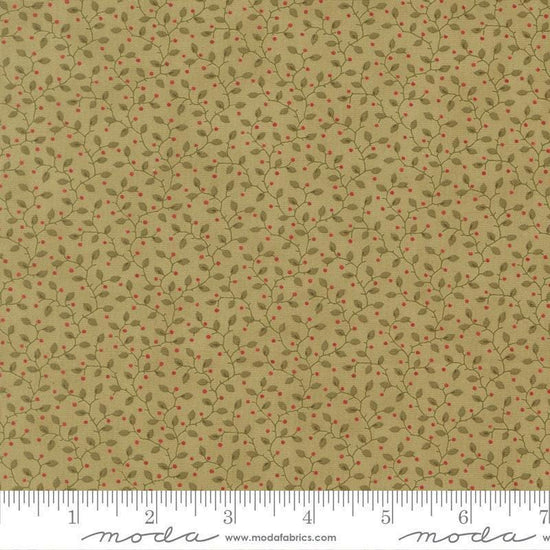 Image of Candlelight Christmas Festive Sage quilting cotton fabric by 3 Sisters for Moda Fabrics. Features leaves on a green background. Cute Little Fabric Shop.