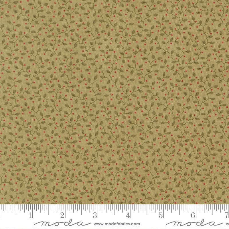 Image of Candlelight Christmas Festive Sage quilting cotton fabric by 3 Sisters for Moda Fabrics. Features leaves on a green background. Cute Little Fabric Shop.