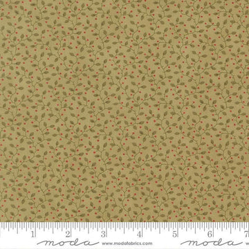 Image of Candlelight Christmas Festive Sage quilting cotton fabric by 3 Sisters for Moda Fabrics. Features leaves on a green background. Cute Little Fabric Shop.